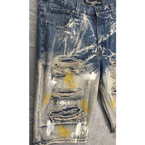 Diamond Stash Mens Jorts Jean Shorts Distressed Paint Splatter Yellow Smoke Wash - Picture 6 of 9